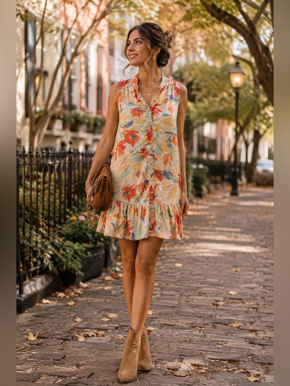 Fate Watercolor Floral Satin Mini Dress Button Front Ruffle Hem Small